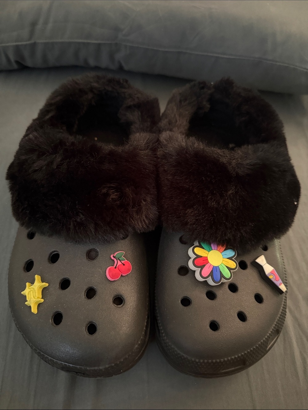 CROCS Black Faux-Fur Lined Clog Mules with Charms